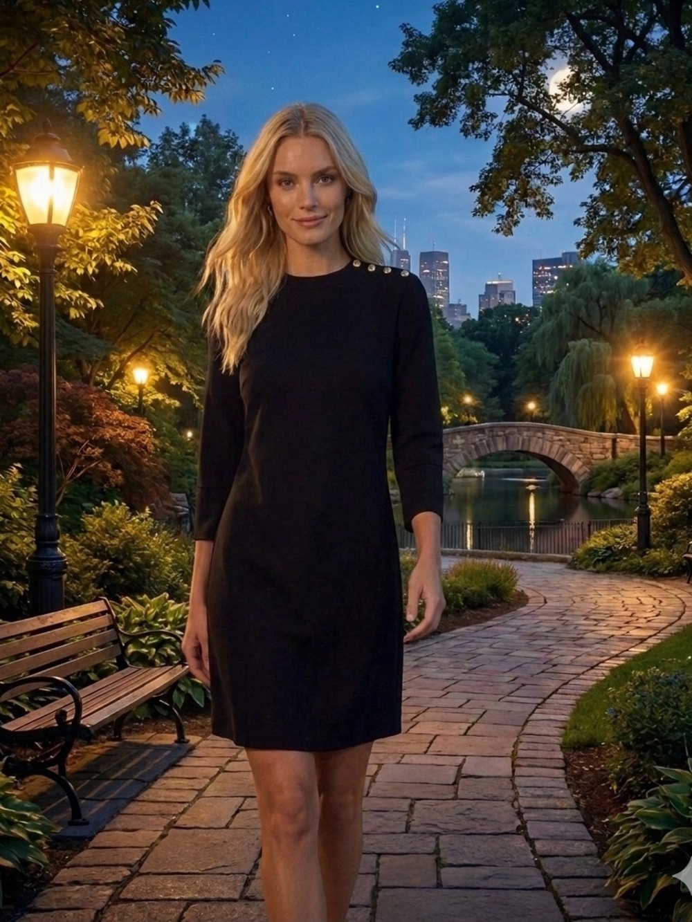 H&M Black Long-Sleeve Shift Dress with Gold Buttons